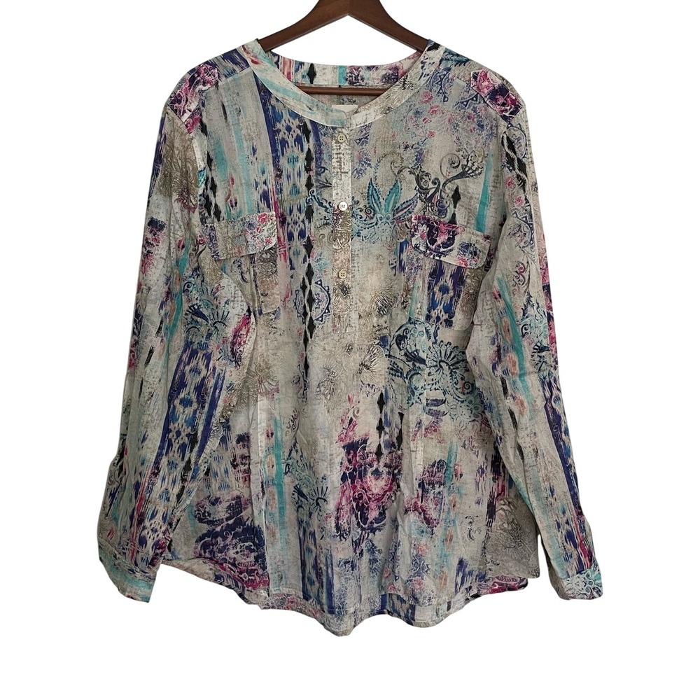 Chico's Size 4 100% Cotton XXL Blouse Abstract Paisley Boho Watercolor Artsy 2XL